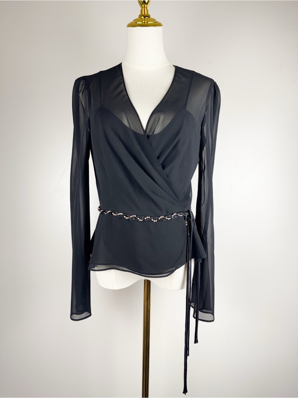 Liz Claiborne Y2K Sheer Faux Wrap Top Black Mesh Blouse Whimsigoth Chic Goth